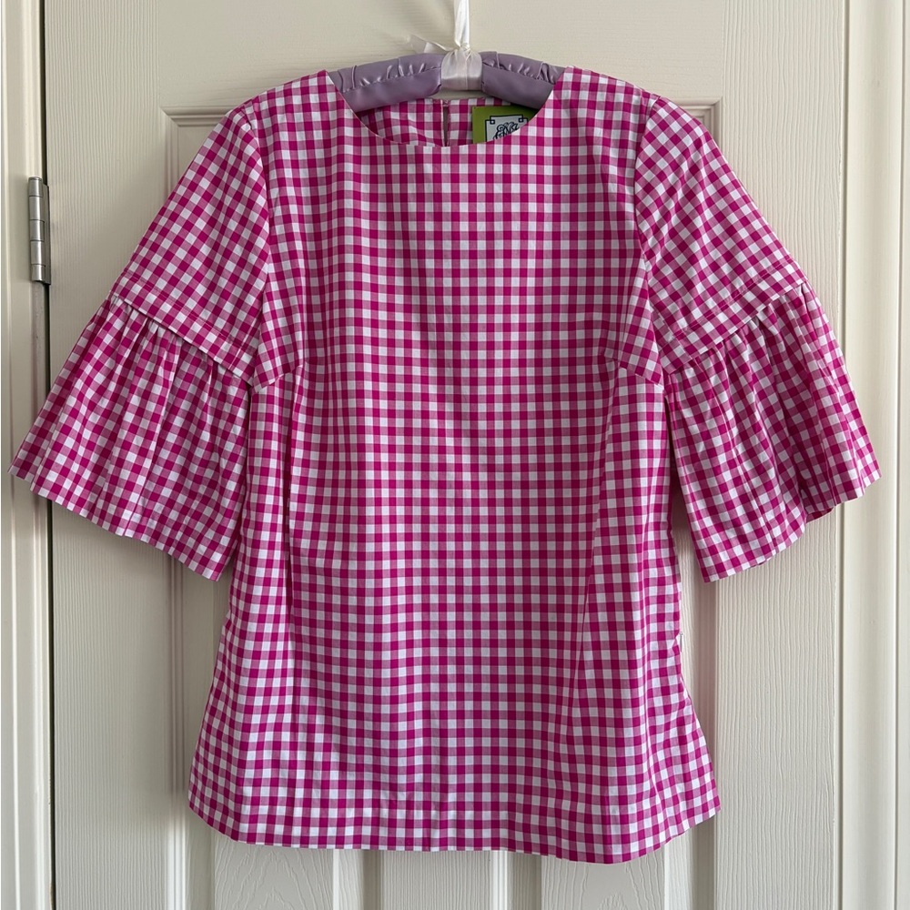 Elizabeth McKay Pink Gingham Blouse with Flared Sleeves Women Size Small
